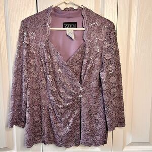 Alex Evenings Women’s Large Lavender Sequin Shimmery Lace V Neck Blouse Button